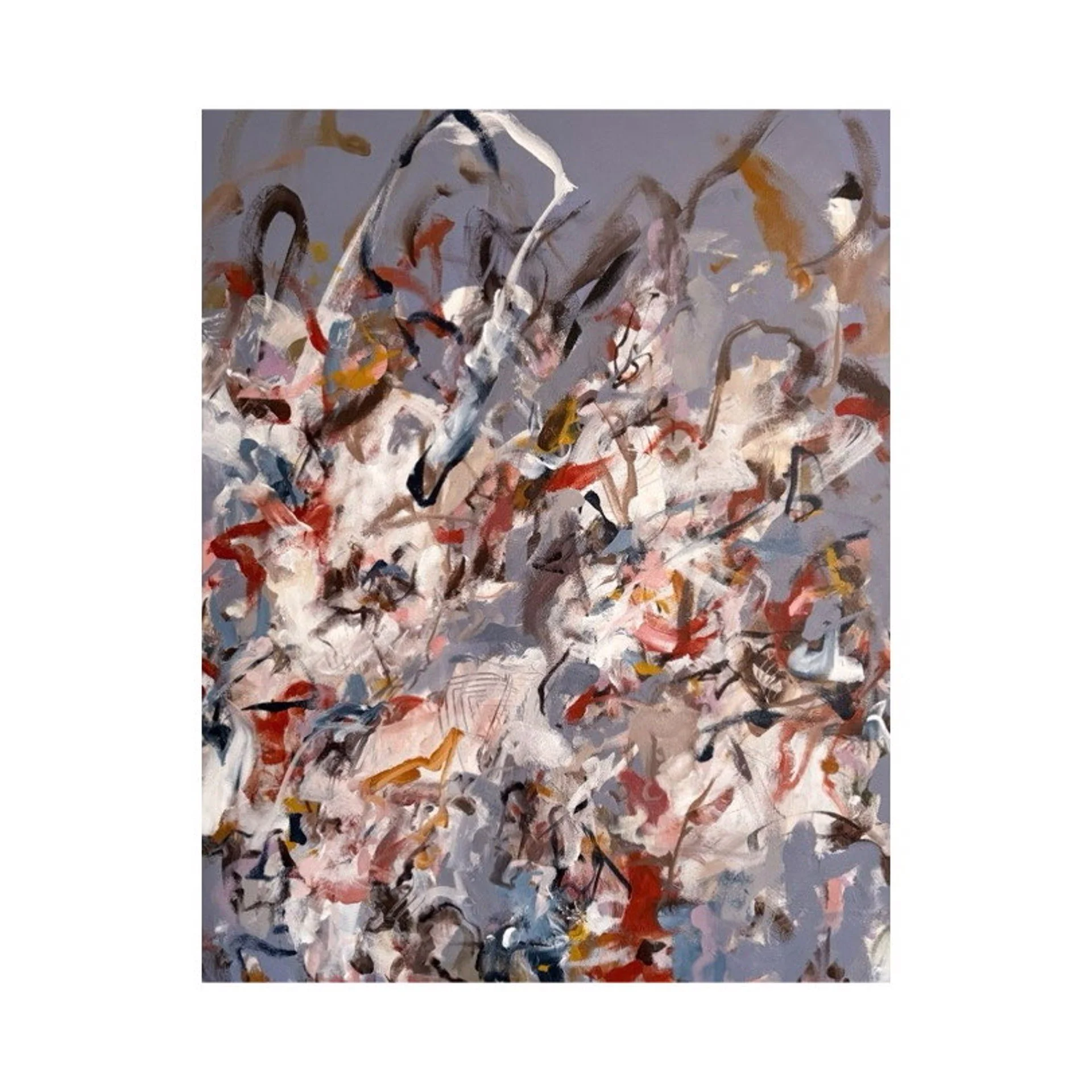 original abstract painting with powder blue background and multicolor shapes and marks