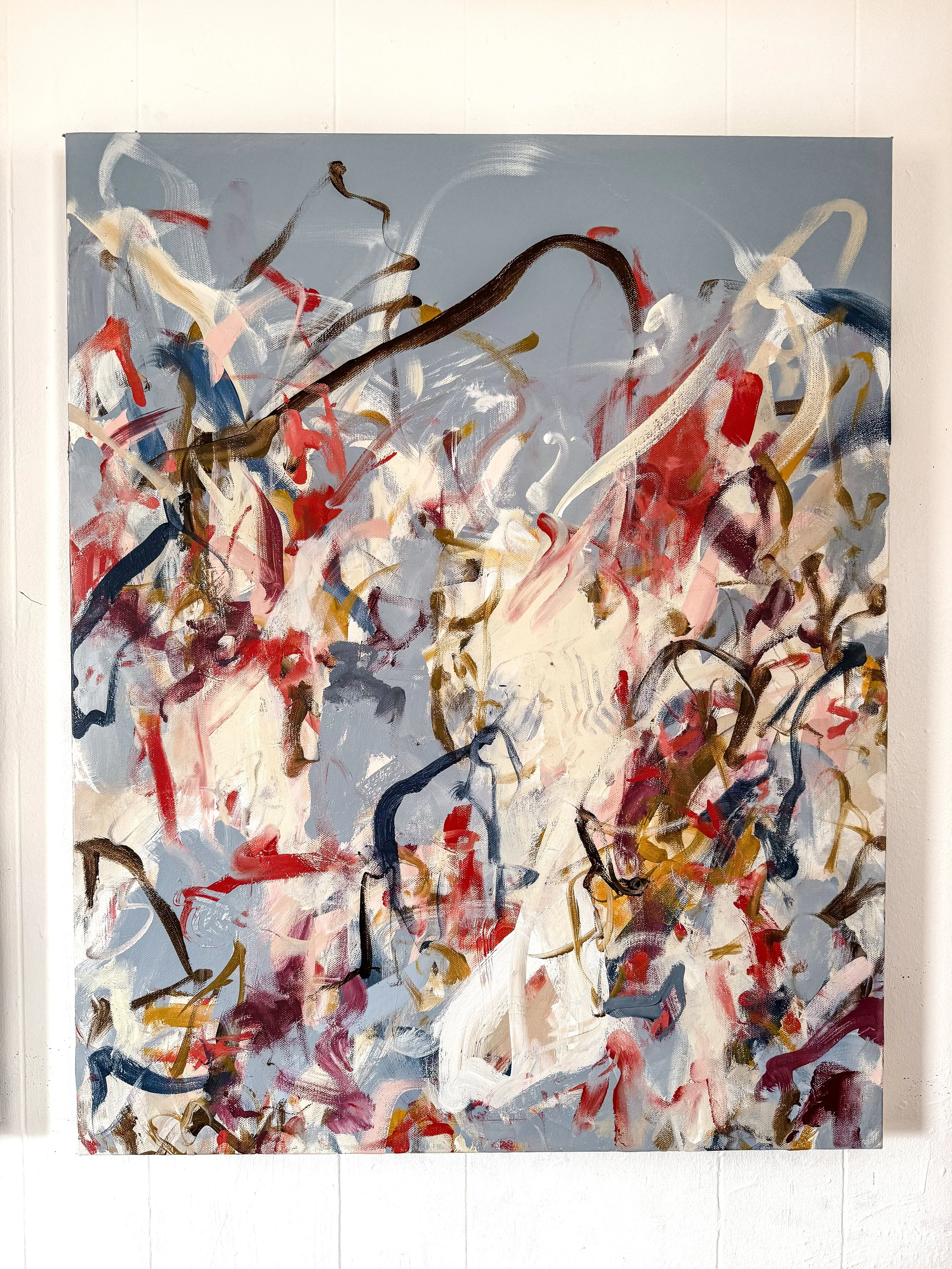 original abstract painting with powder blue background with multicolor shapes and marks