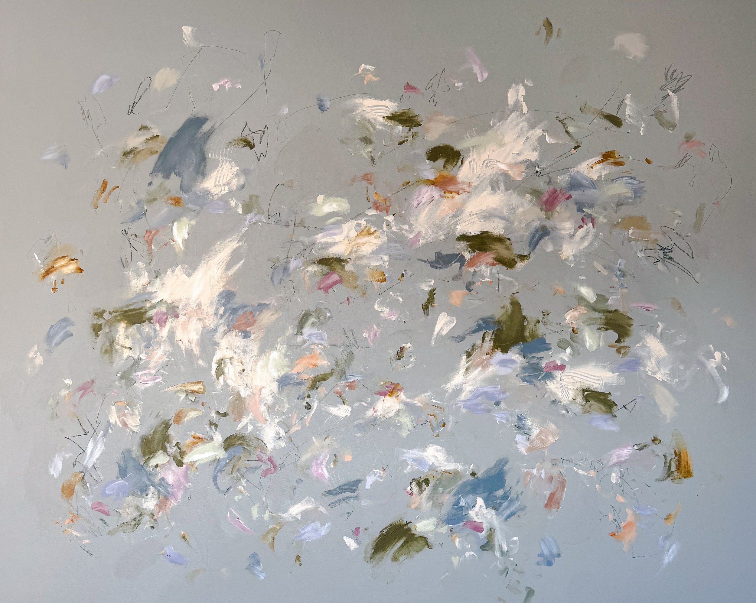 an abstract painting with blue background, cream, greens, and delicate orange colors