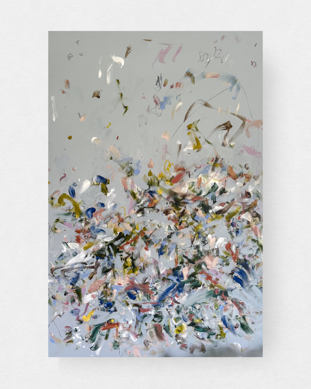 Abstract Painting with icy blue background and multicolor marks