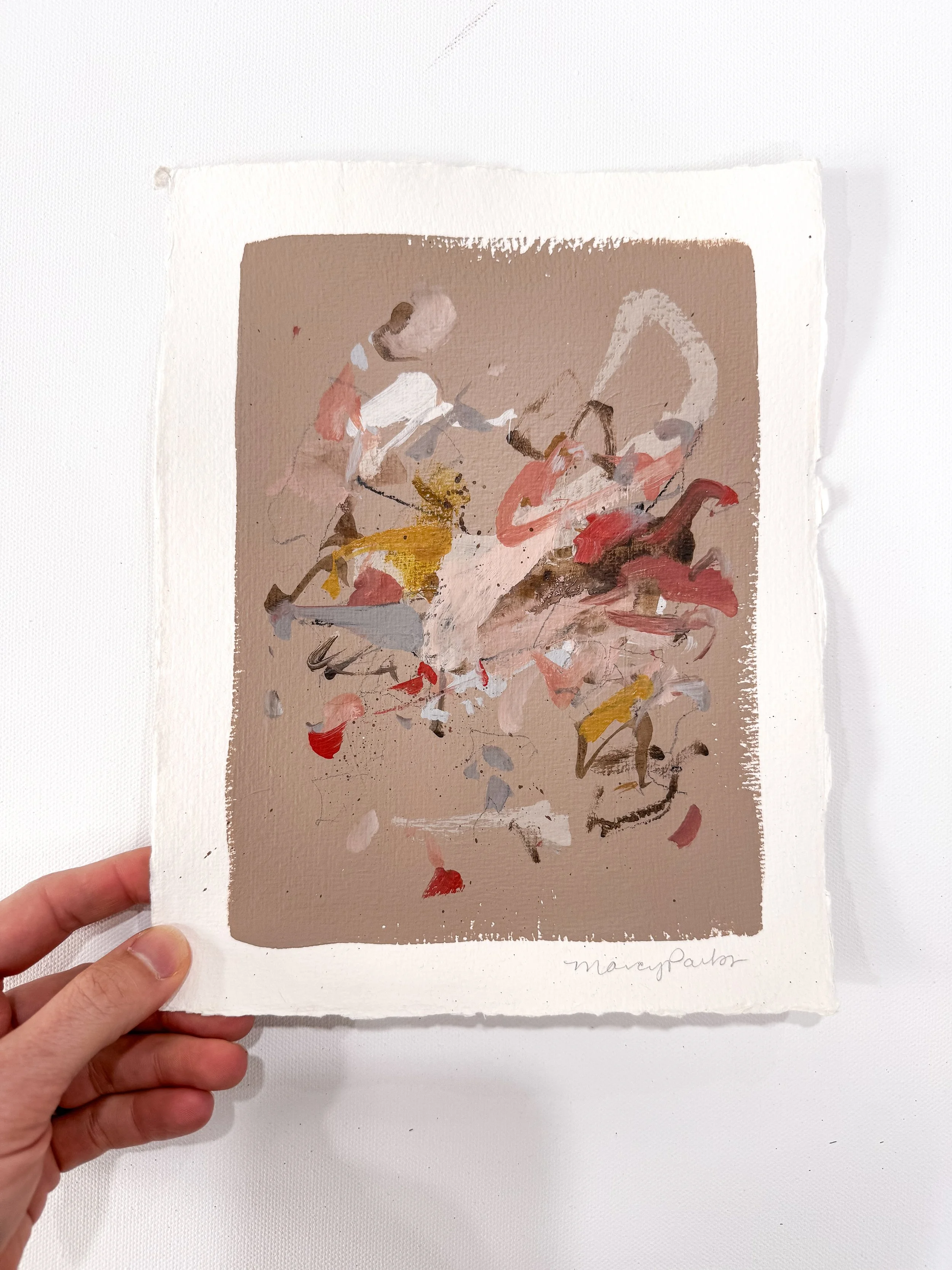 Small original abstract painting on handmade paper with taupe background and multicolor marks