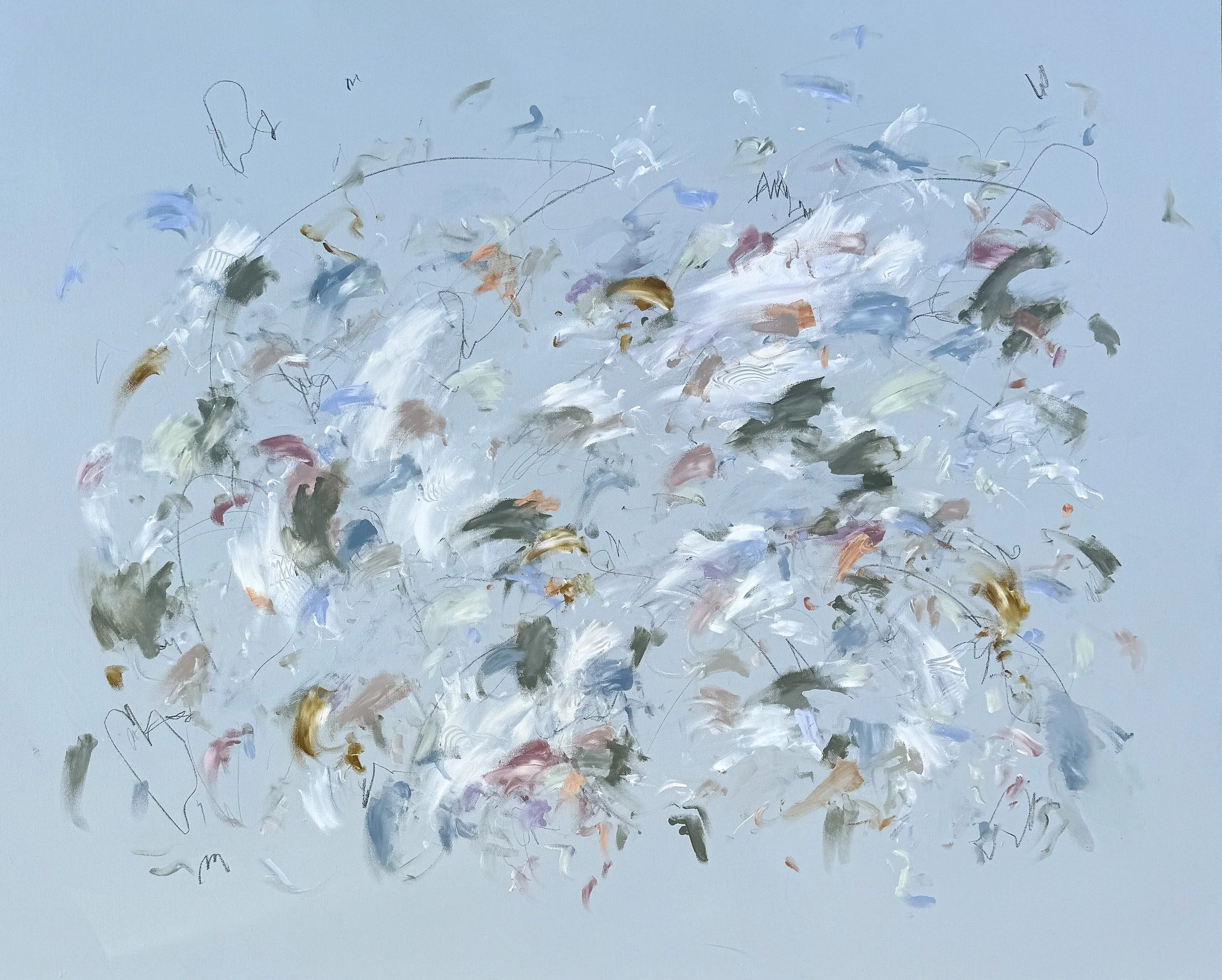 Aquarius Season, large abstract painting with light blue background