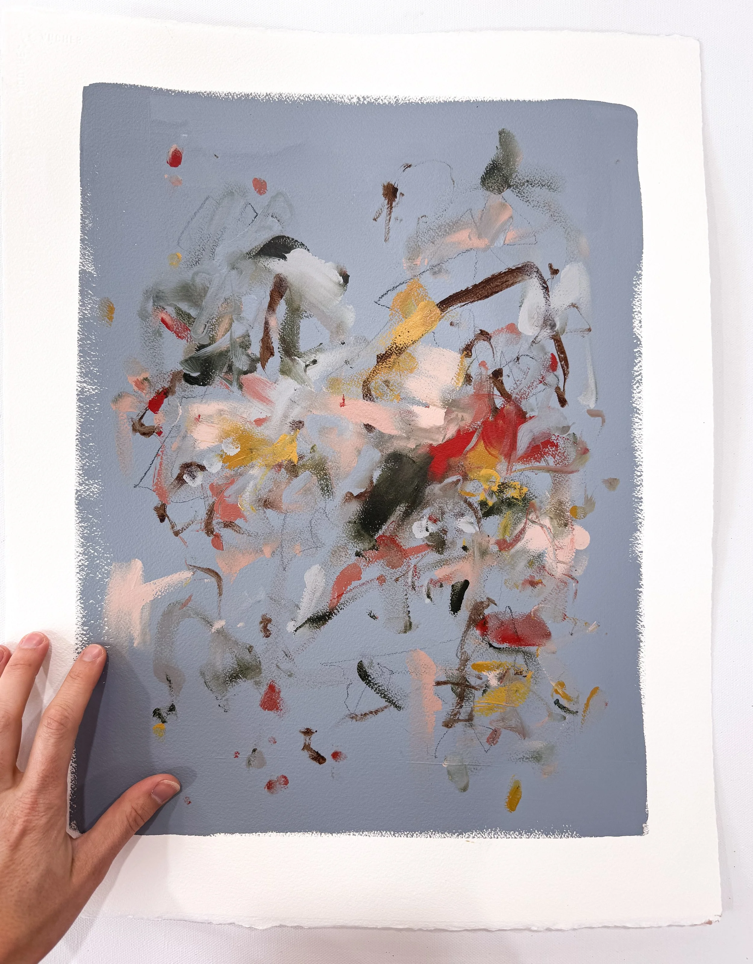 Original Abstract painting on paper with blue background and multicolor marks