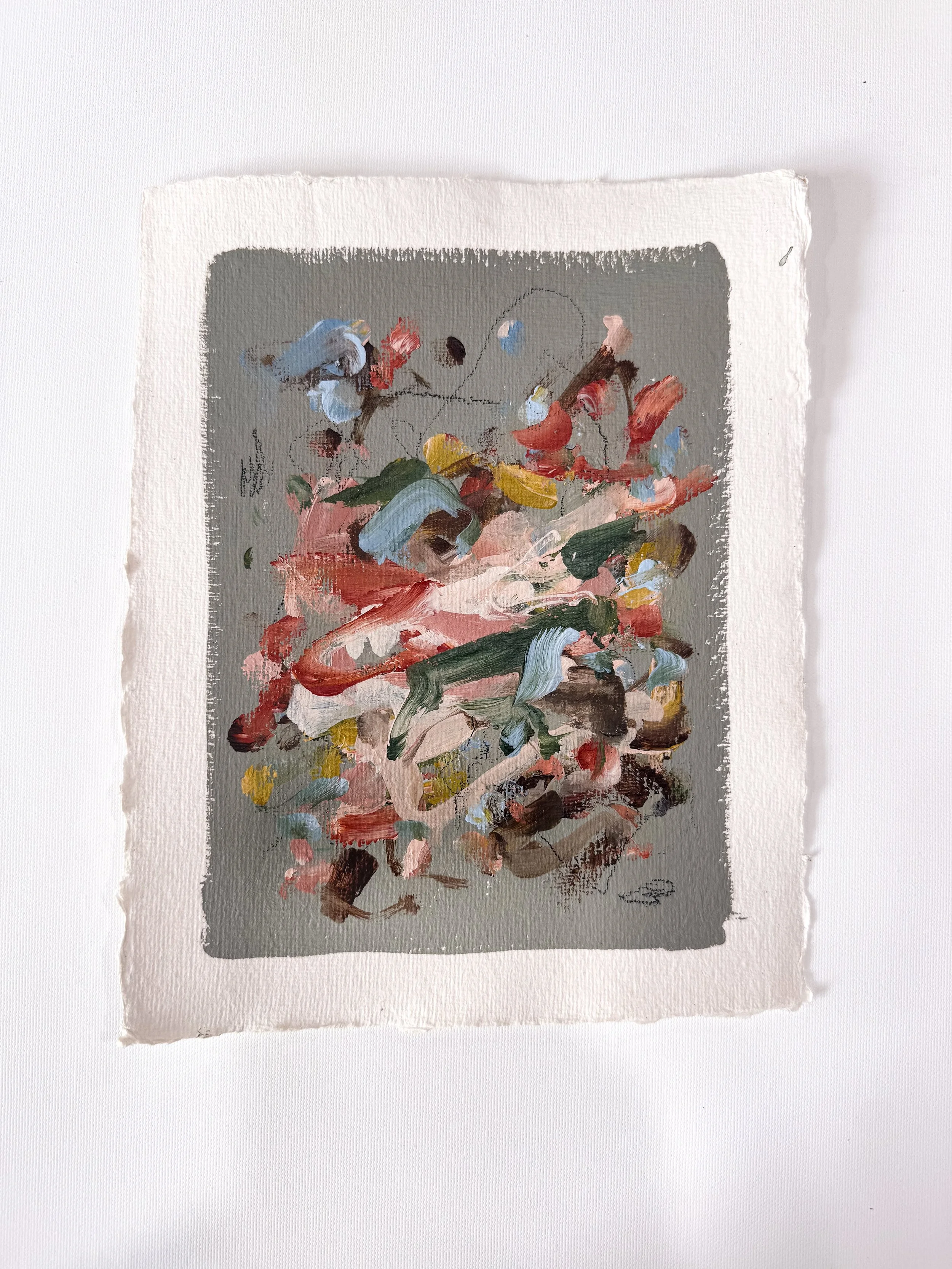 Small original abstract painting on handmade paper with dark sage background and multicolor marks