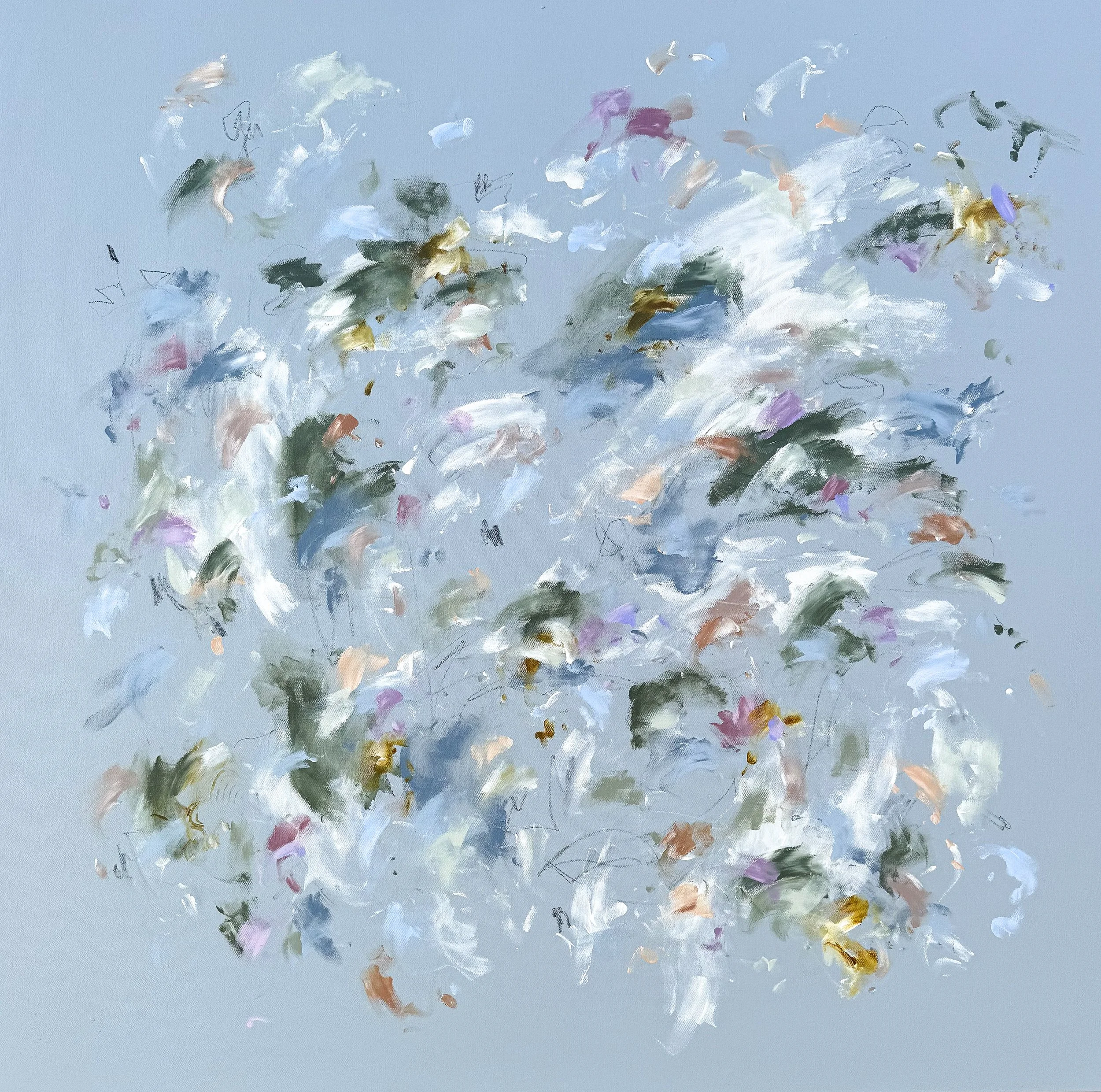 She's a Libra, a large abstract painting with light blue background by Marcy Parks