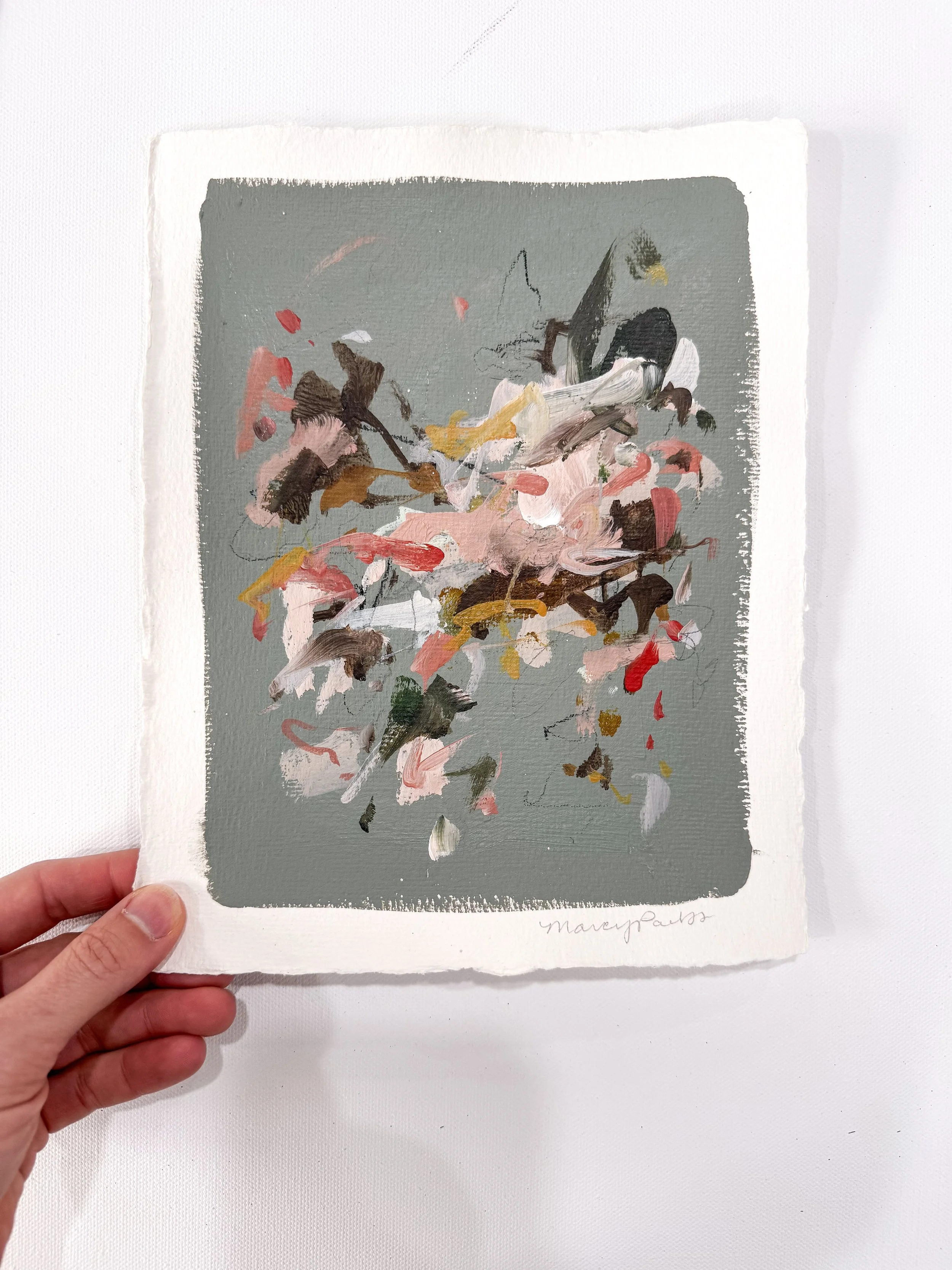 small original abstract painting on handmade paper with dark sage green background and multicolor marks