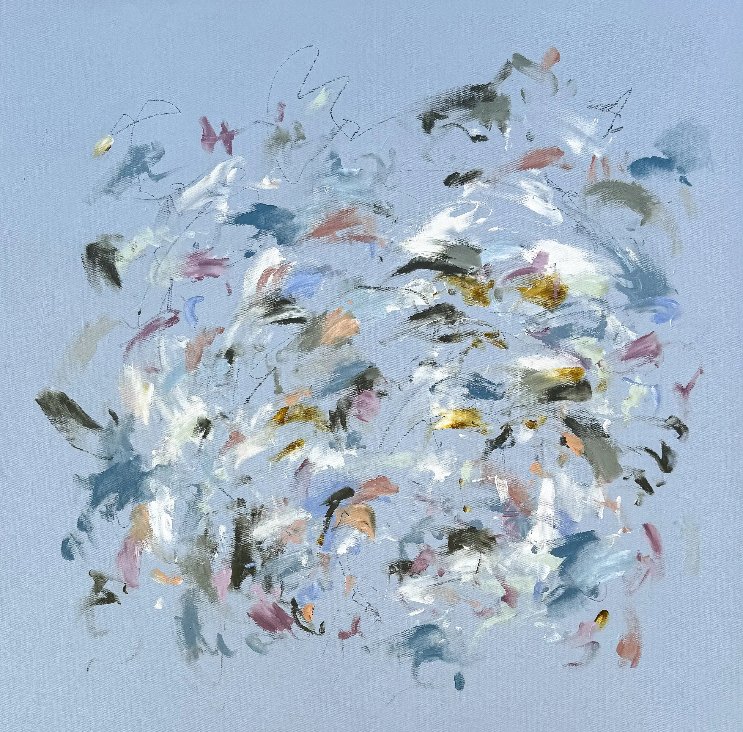 Early Spring, large abstract painting with light blue background by Marcy Parks