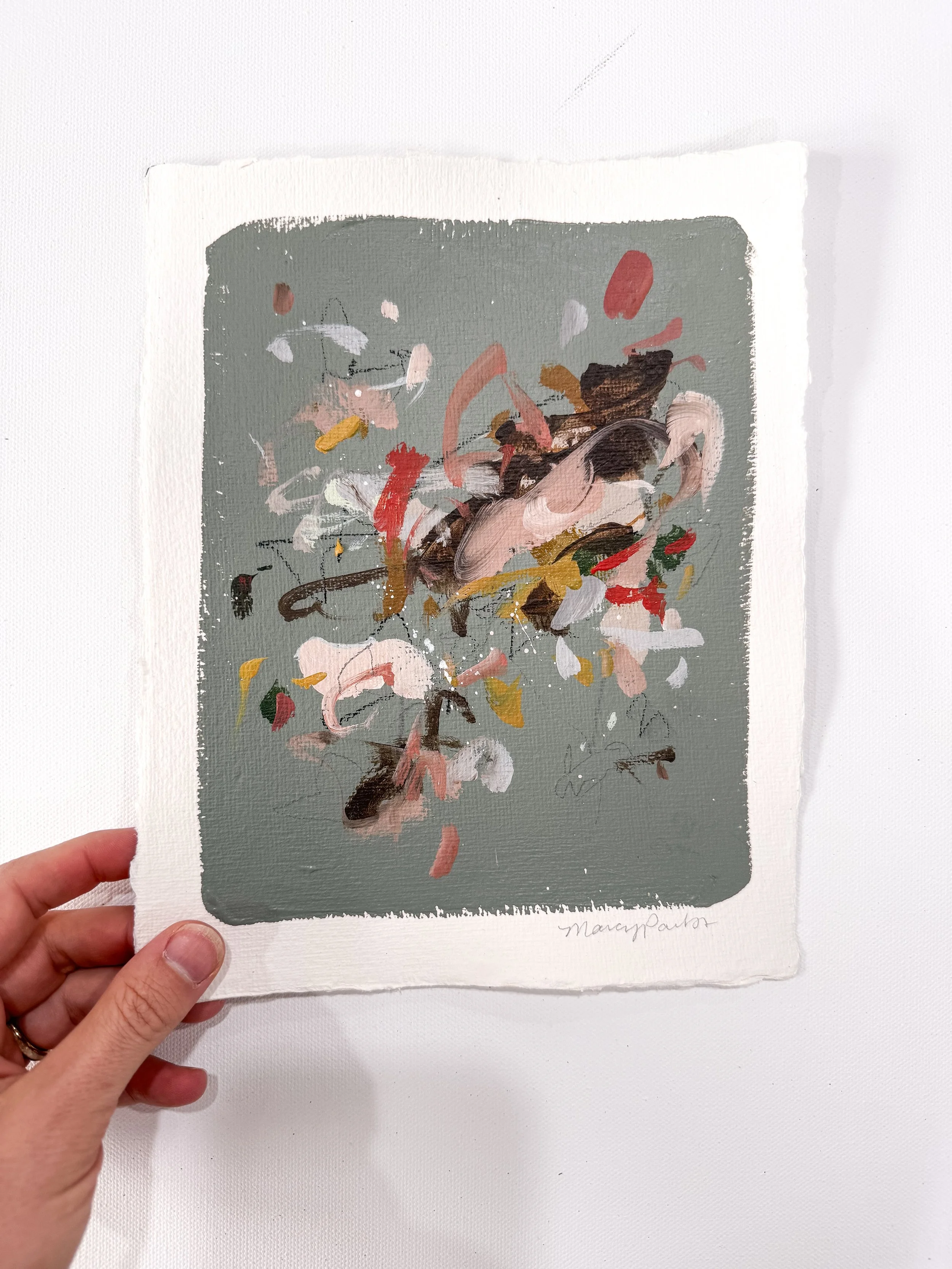 Original abstract painting on handmade paper with dark sage green background and multicolor marks