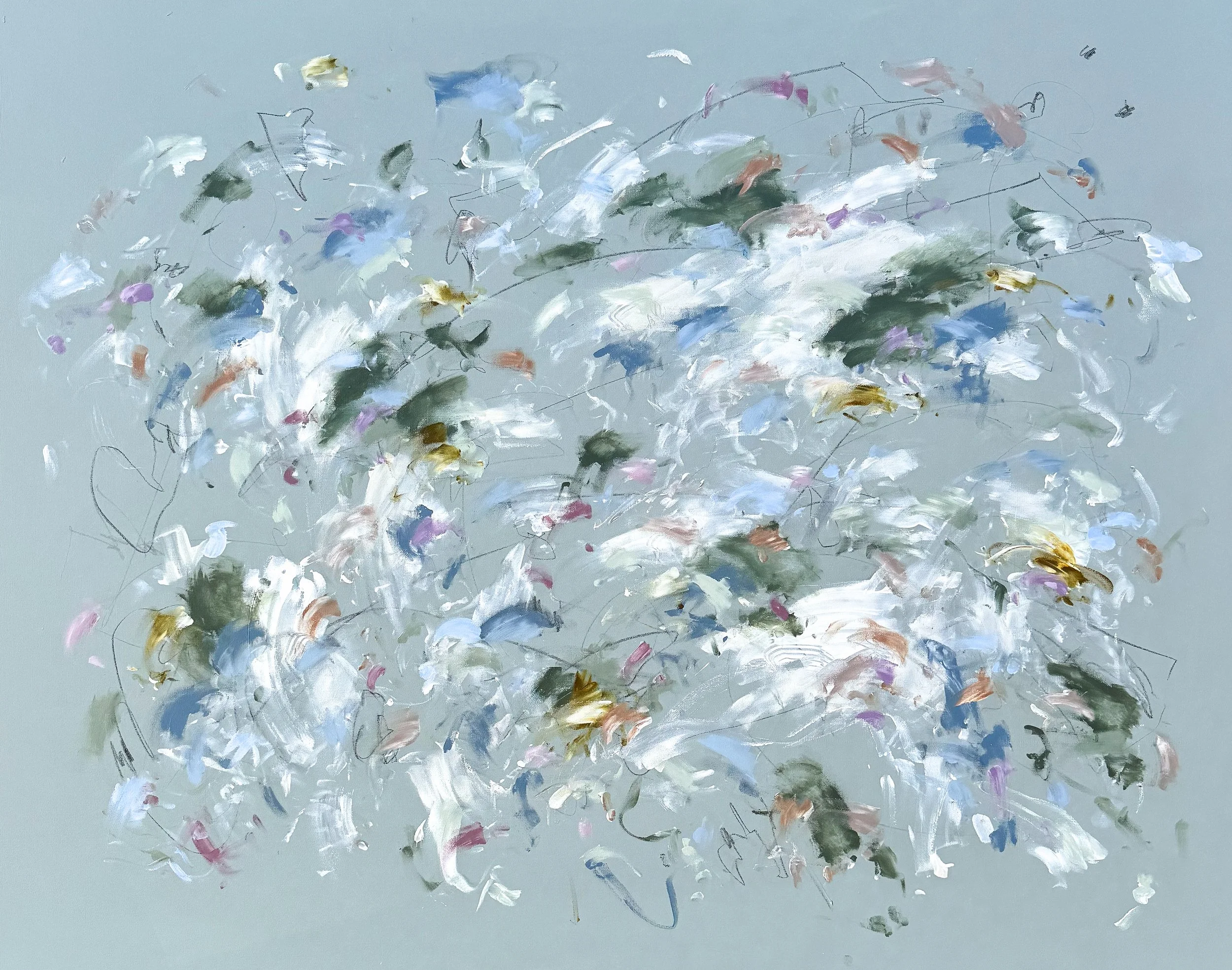 Pisces Season, a large abstract painting with a light green background by Marcy Parks