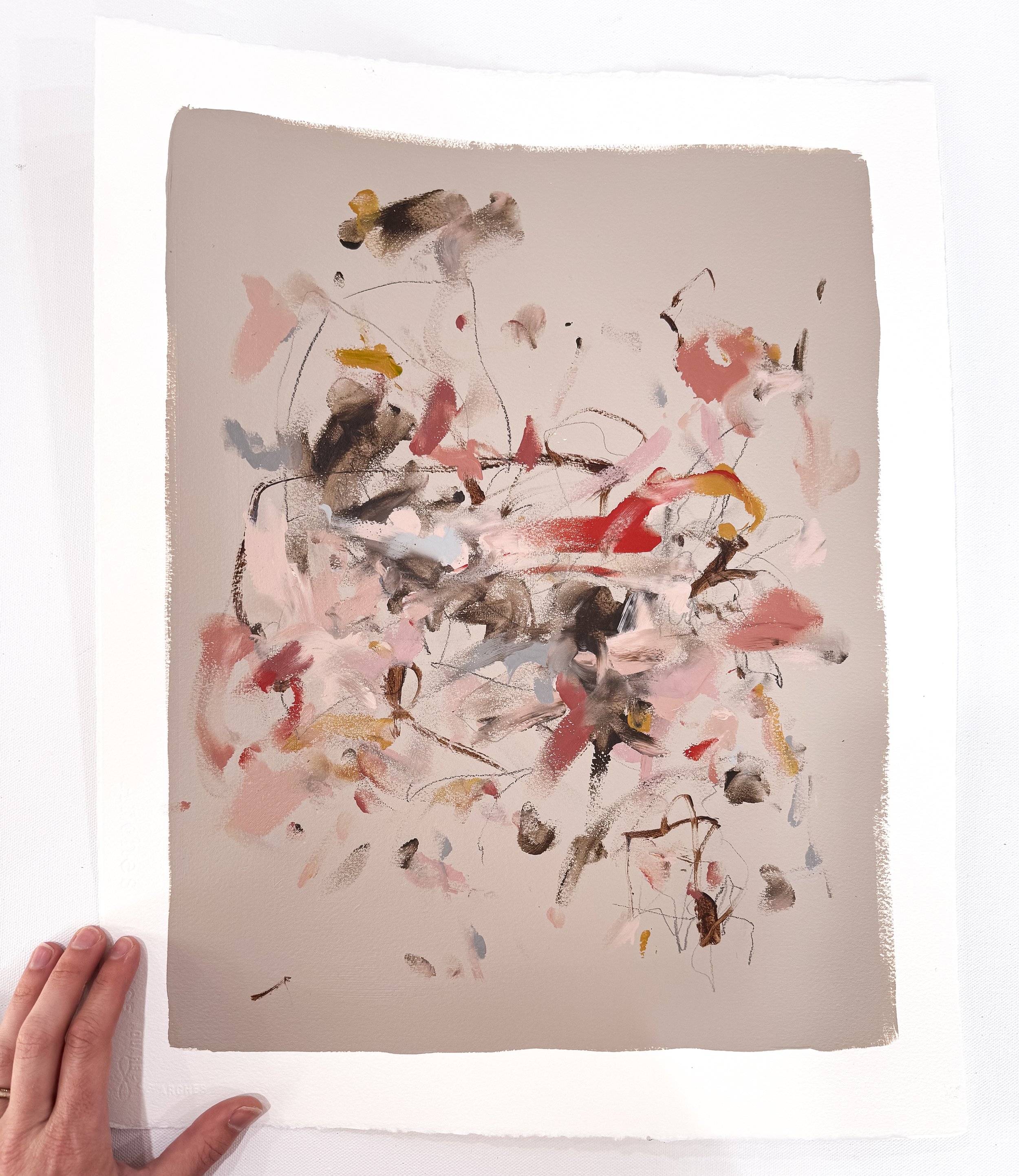 Original abstract painting on paper with taupe background and multicolor marks