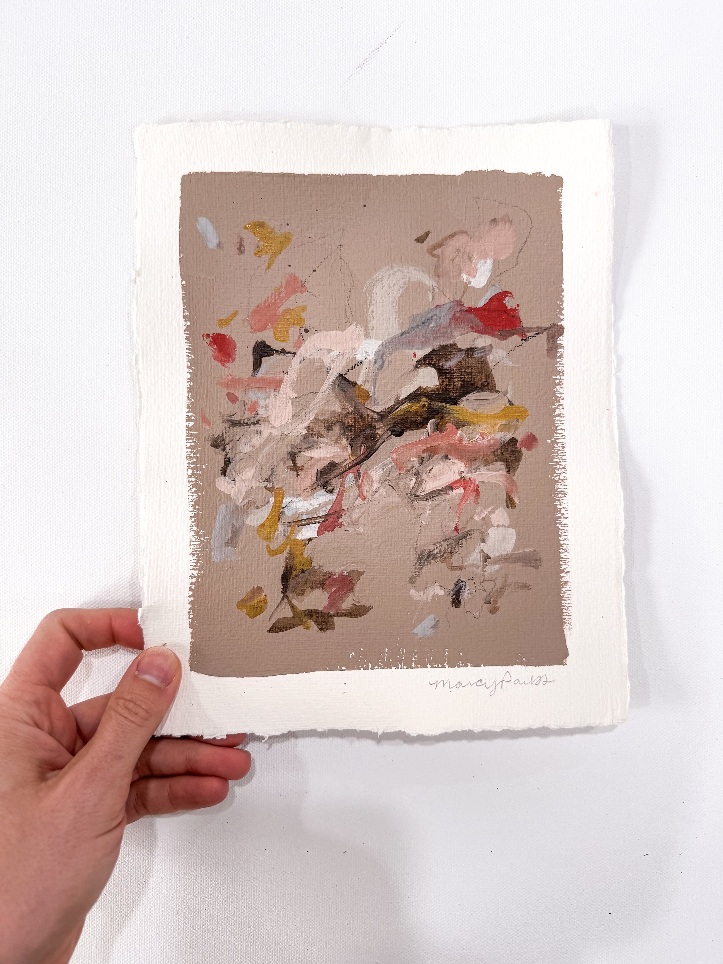 Small original abstract painting on handmade paper with taupe background and multicolor marks