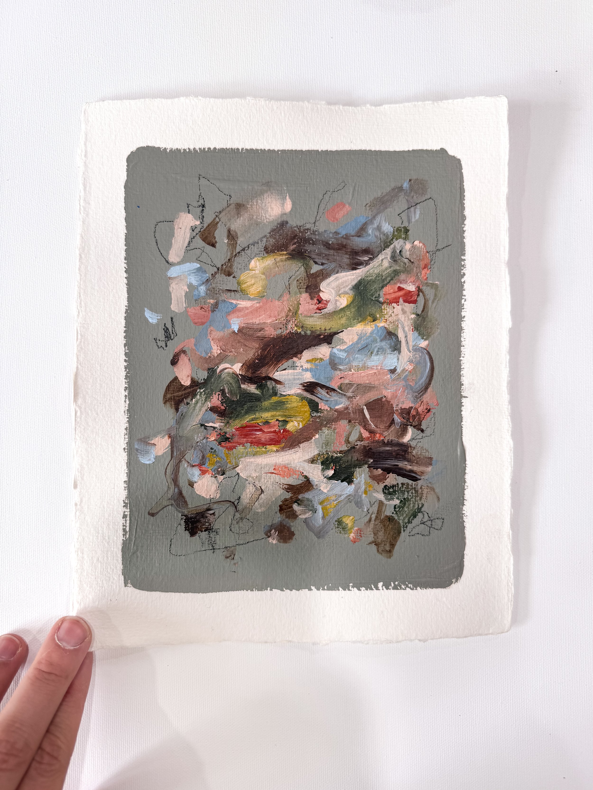 Small original abstract painting on handmade paper with dark sage green background and multicolor marks