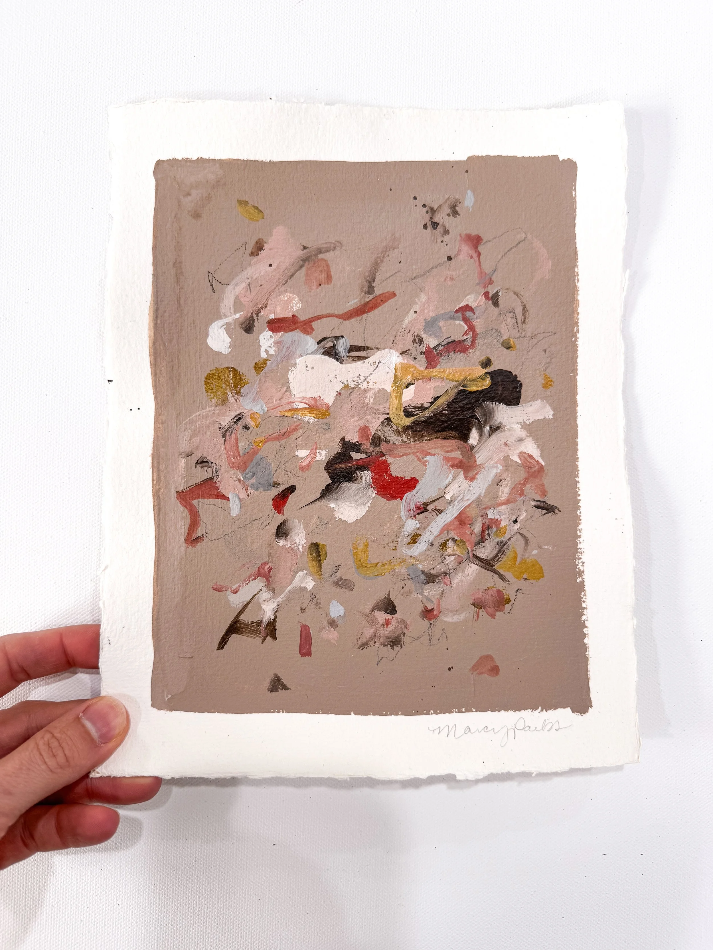 Small original abstract painting on handmade paper with a taupe background and multicolor marks