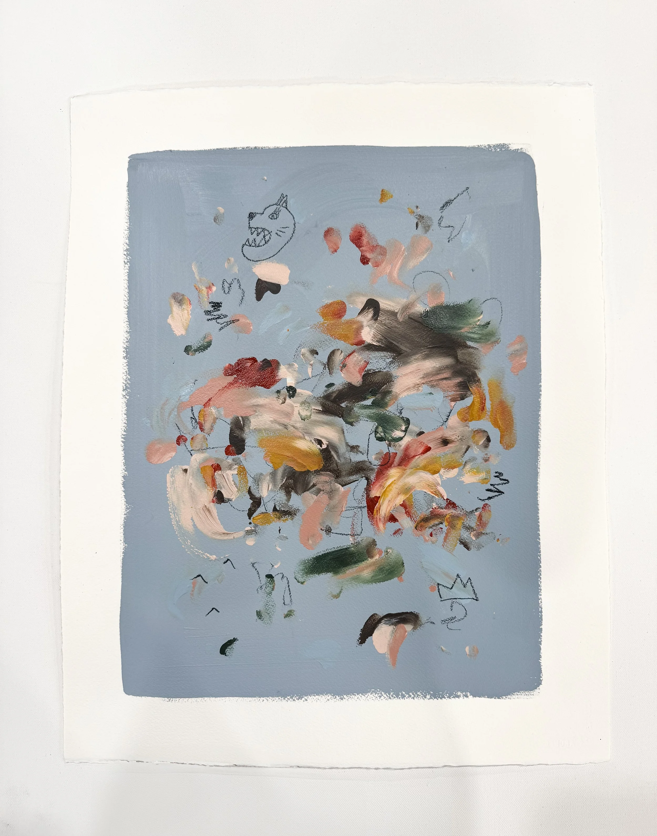 Original abstract painting on heavyweight handmade watercolor paper with a blue background and multicolor marks and deckled edges