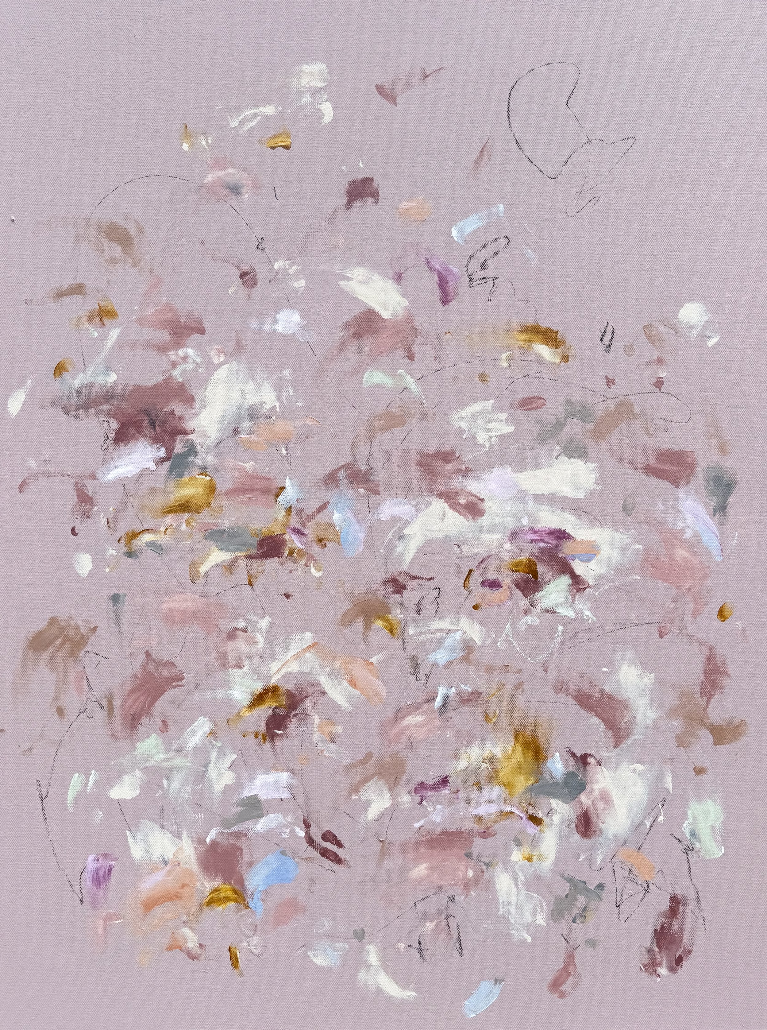 Give Her Her Flowers, large abstract painting by Marcy Parks with blush background 