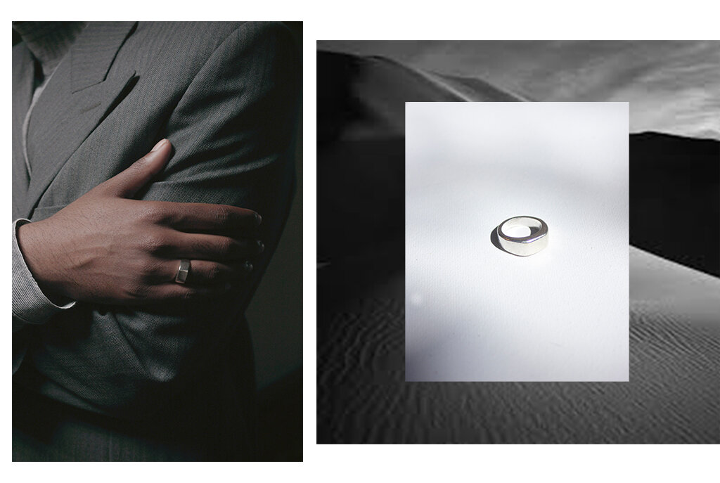 A person wearing a gray suit with a ring on their finger, arms crossed, next to a close-up of a silver ring on a white surface with a mountain landscape background.