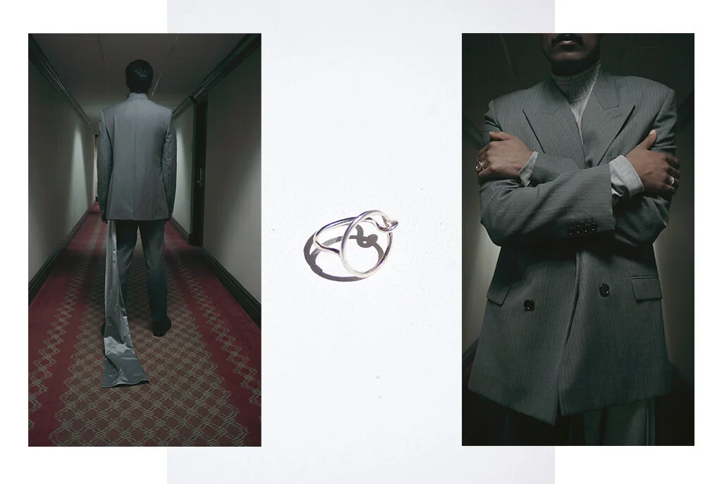 Side-by-side images of two individuals in gray suits, with a focus on a ring between them.