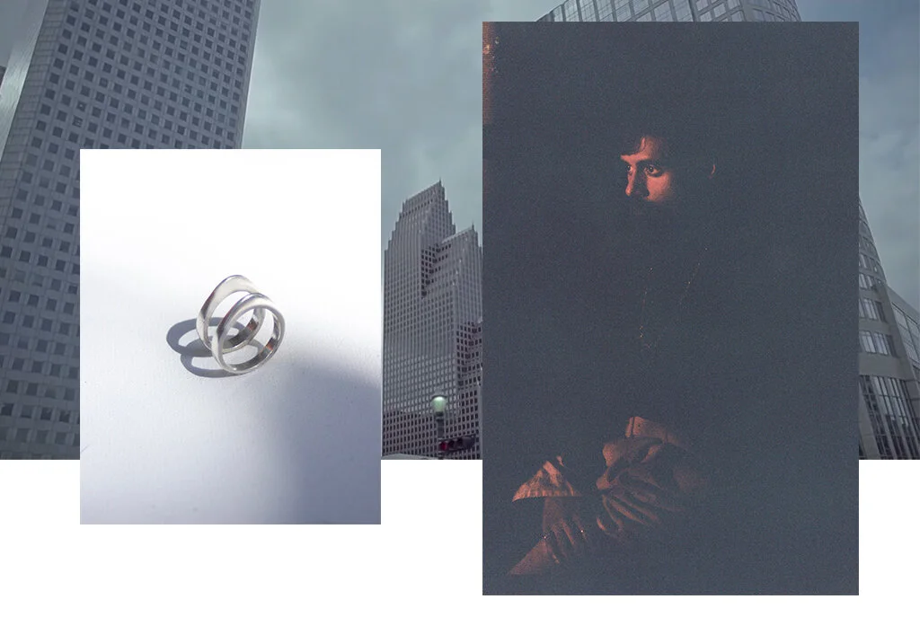 A digital collage with two main sections: on the left, a close-up of two intertwined silver rings casting shadows on a white surface outdoors, with tall buildings and a cloudy sky in the background; on the right, a dark, moody portrait of a young man