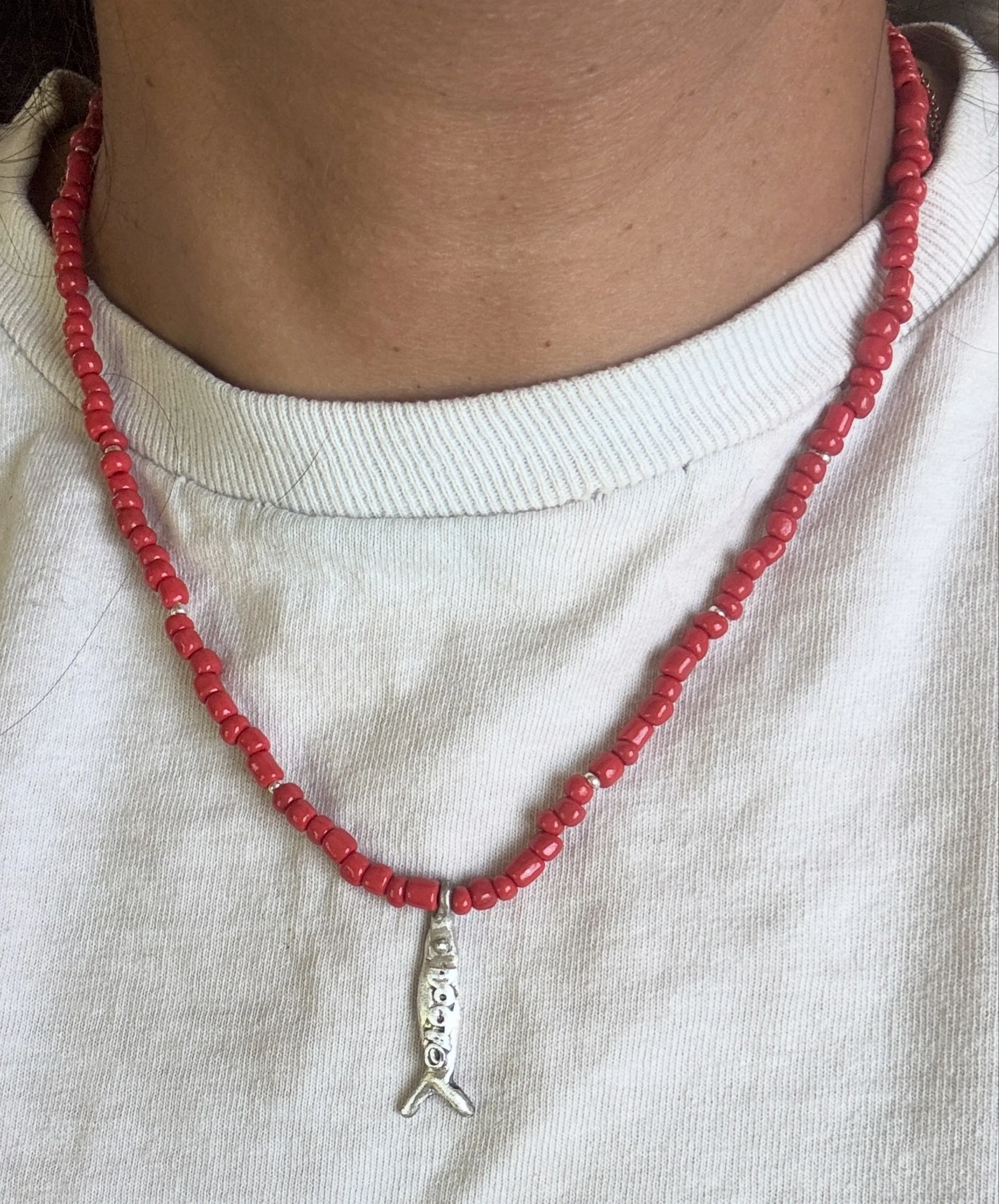 Sterling Silver Fish pendant with Coral Necklace