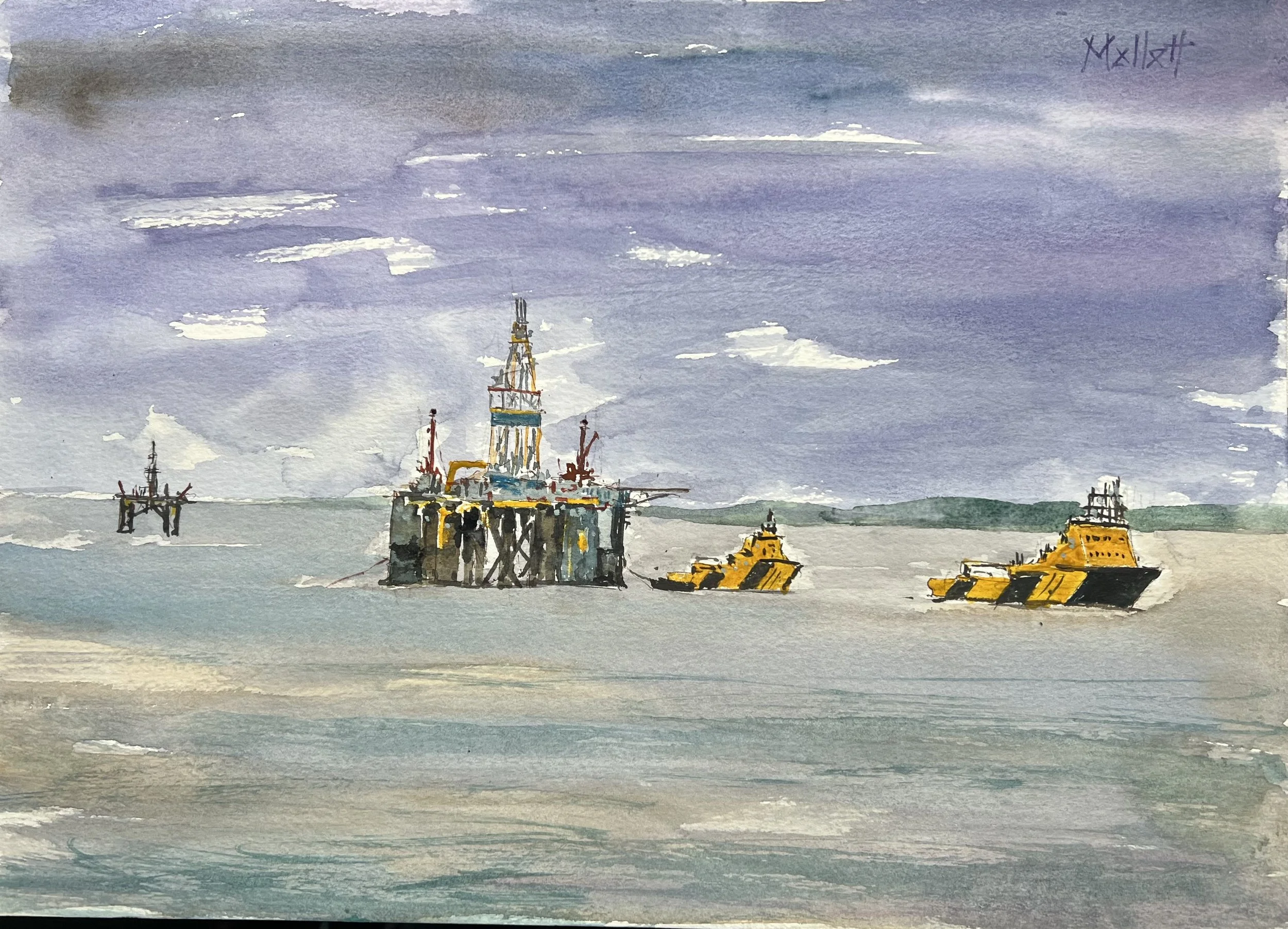 Oil rig and tugs