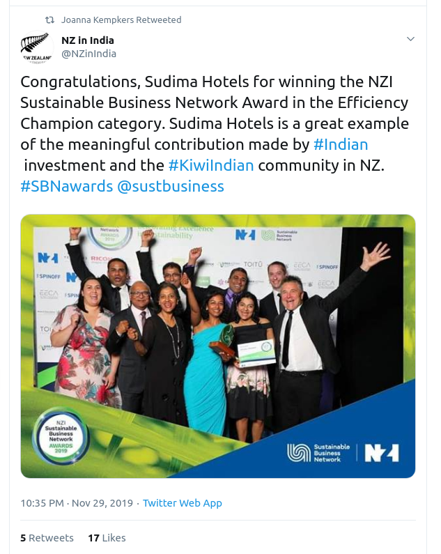 Sudima Hotels are the “Efficiency Champion” of New Zealand