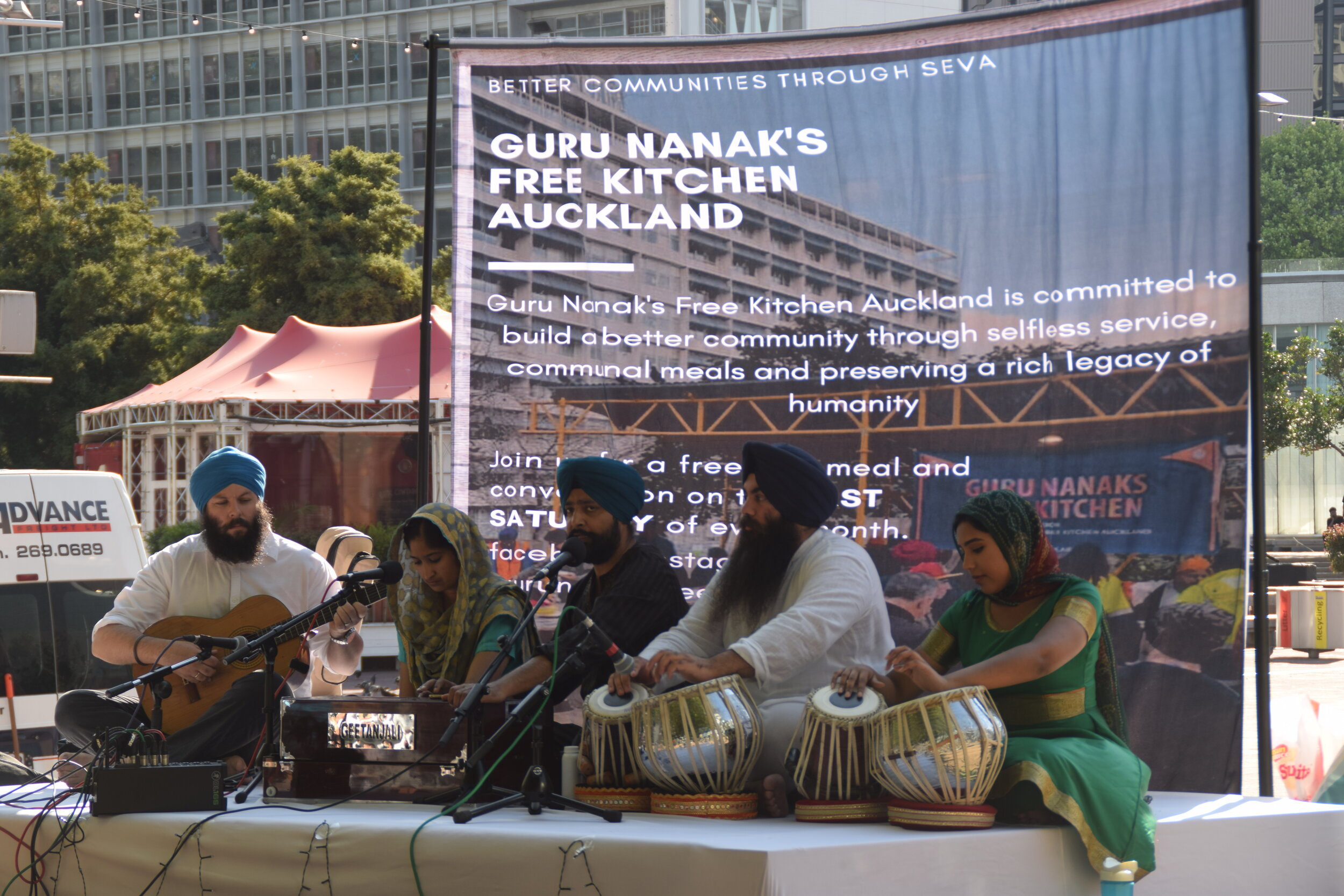 Guru Nanak Free Kitchen Auckland, Sikh Youth New Zealand, and Akal Foundation, all got together last weekend, and organised a three-hour kirtan (live devotional music performed by Rhythm School of Indian music) and langar (free shared kitchen) in the Auckland CBD
