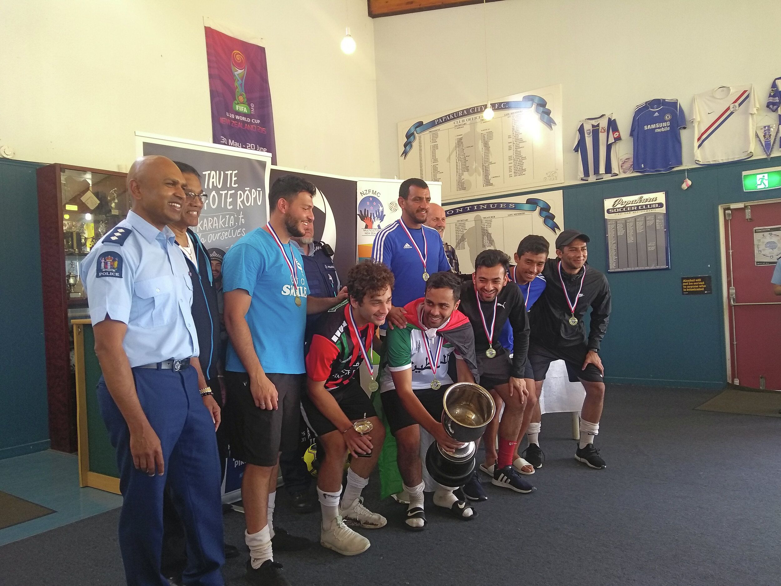 25-year-old Naji Ghamri, captain (with the trophy) of the winning Palestine team, who moved to Auckland when he was nine, noted, “We played eight matches over the weekend, and the team is glad that we won the tournament in our first attempt.”