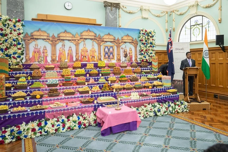 Indian High Commissioner to New Zealand Muktesh Pardeshi, addressing the gathering at NZ Parliament’s Diwali-Annakut and Hindu festivals exhibition (picture courtesy – Indian High Commission in New Zealand)