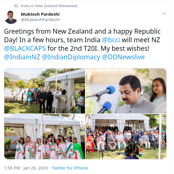 The Indian High Commission in Wellington, organised an event to mark India’s 71st Republic Day on the morning of the 26th, with the Indian High Commissioner Muktesh Pardeshi leading the gathering in celebrating India’s birth as a republic