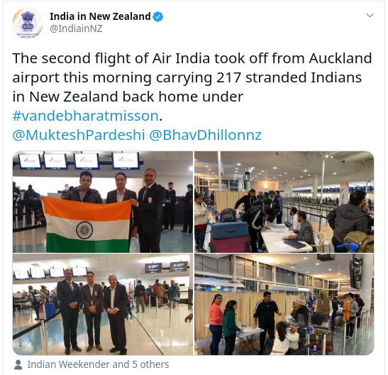 Second Vande Bharat Mission flight leaves NZ with 217 Indians