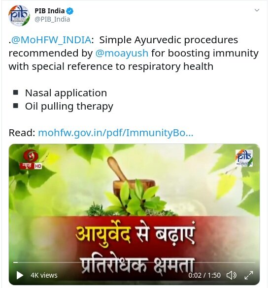 India’s Ministry of AYUSH recommends Ayurveda’s immunity boosting measures for respiratory health self-care; clarifies the advisory isn’t a treatment for COVID-19 