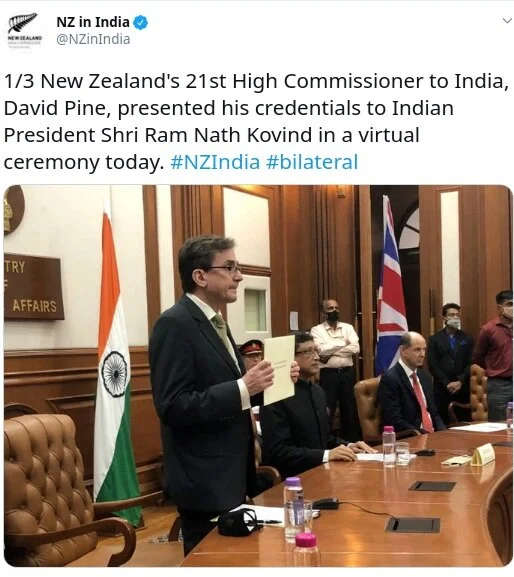 New Zealand's 21st High Commissioner to India, David Pine, presents his credentials to India’s President, virtually