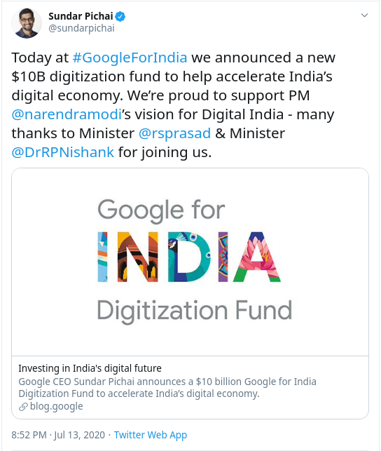 Google’s Pichai announces company’s 10 billion investment in India