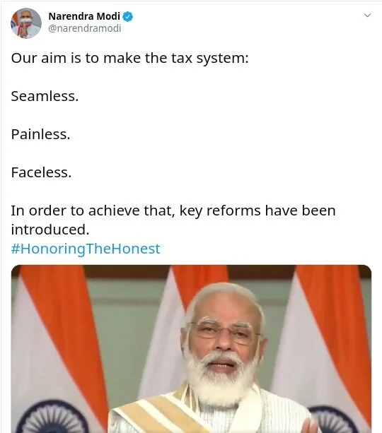 Modi unveils the platform "Transparent Taxation – Honoring the Honest", in a big new push for tax reforms 