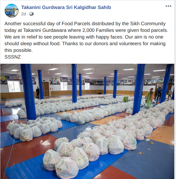 Sikh community in Auckland helping again in Alert Level 3; Takanini Gurudwara, NZ Sikh Games, and Akaal Foundation, all distributing free food packs