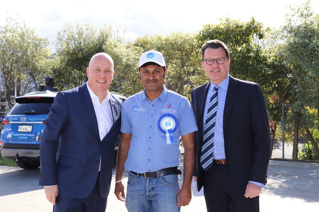 Christopher Luxon with Siva Kilari (centre) and Alastair Bell