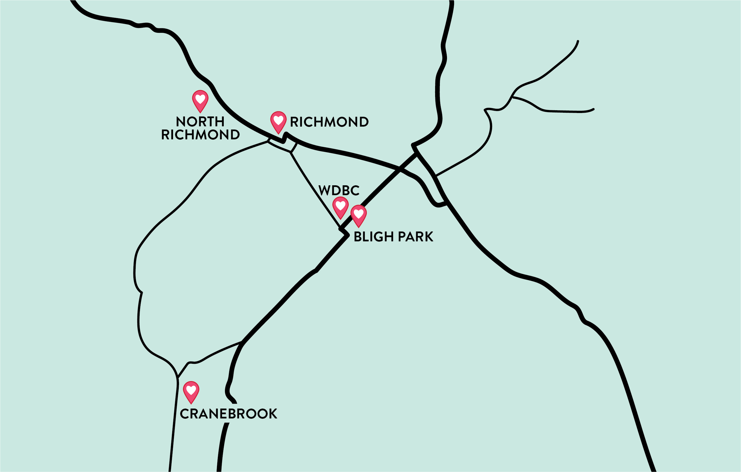 An illustrative map showing bible study locations in the Hawkesbury