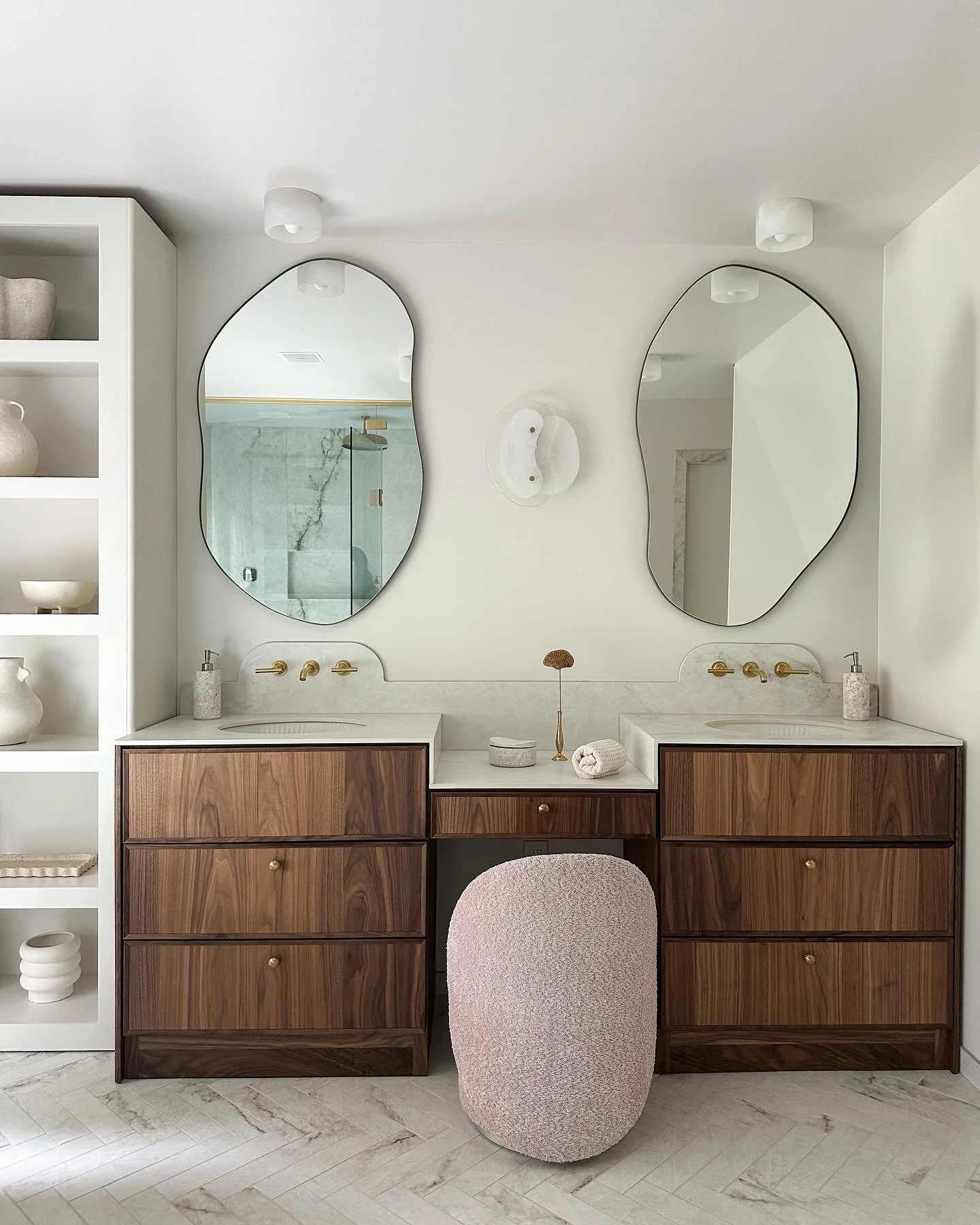 Serenity now ✨ 
We transformed this bathroom into a calming retreat with soft tones, natural textures, and timeless finishes. Swipe to see the &ldquo;before&rdquo; and appreciate the full glow-up! 

#darabeitlerinteriors 
#dmvinteriordesigner 
#potom