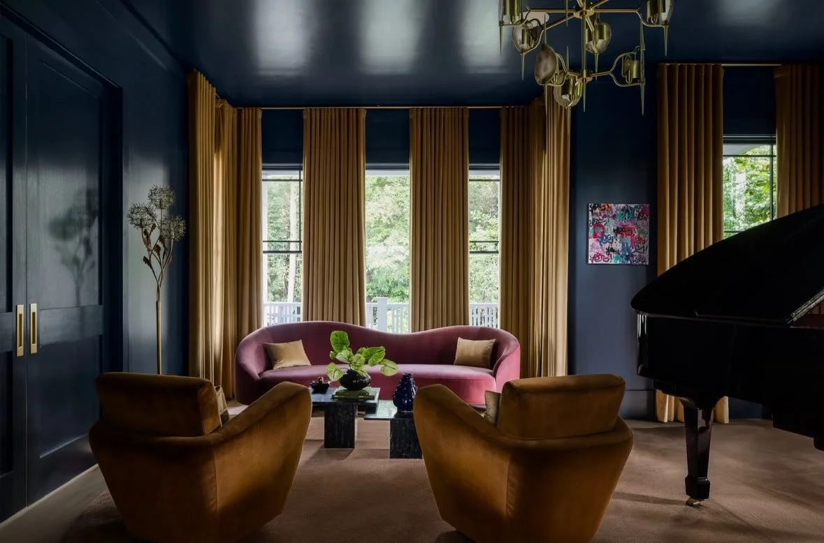 Where music meets mood. 🎹

Wrapped in rich tones, tailored drapery, and layered textures, this piano lounge was designed to feel both intimate and dramatic. The sculptural pink sofa softens the space, creating the perfect backdrop for conversation, 