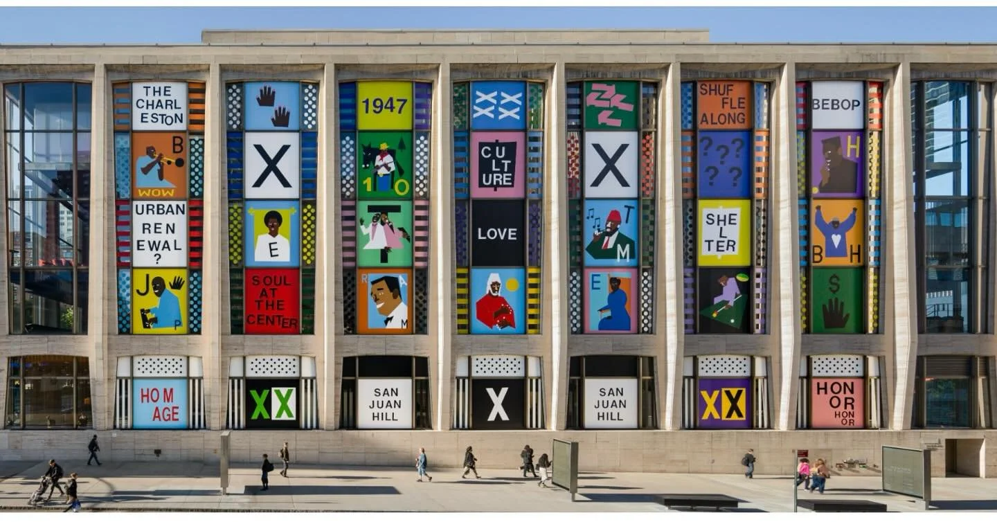 Nina Chanel Abney &quot;San Juan Heal,&quot; 2022. Latex ink and vinyl mounted on glass. Commissioned by Lincoln Center for the Performing Arts in collaboration with The Studio Museum in Harlem and Public Art Fund. On view on the West 65th St facade 