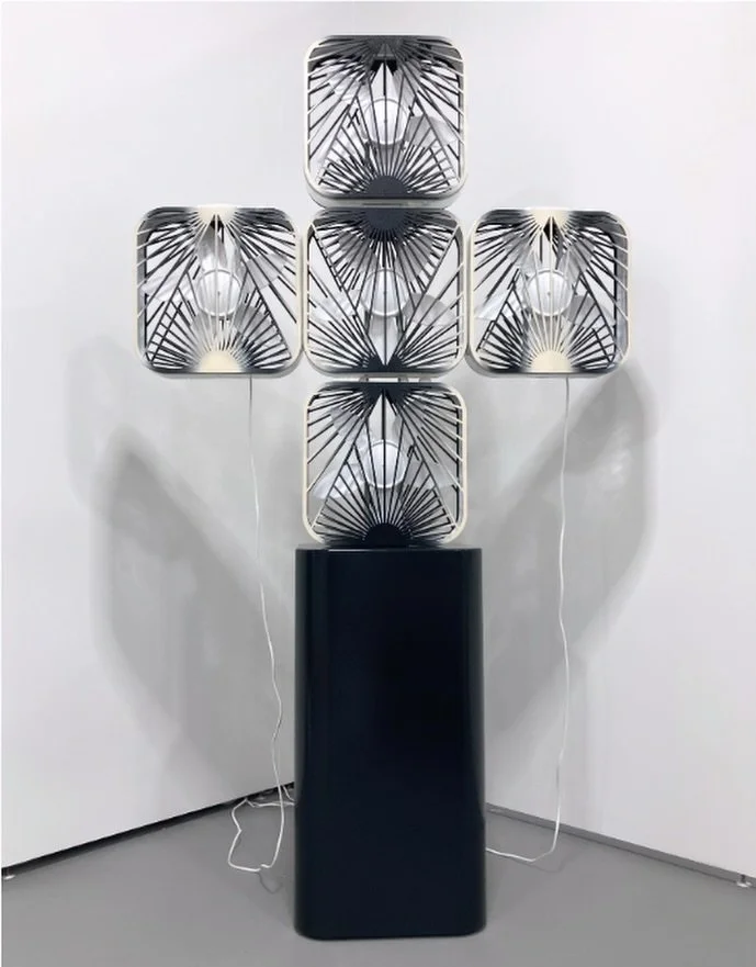 Edra Soto &quot;La legends de los 4 bentos (The legend of the 4 winds), 2025. Sintra, wood, box fans, latex paint, fabric, cable cords. See her work at @untitledartfairs Miami Beach in the Special Projects section. (Booth SP7). 

You can read about E