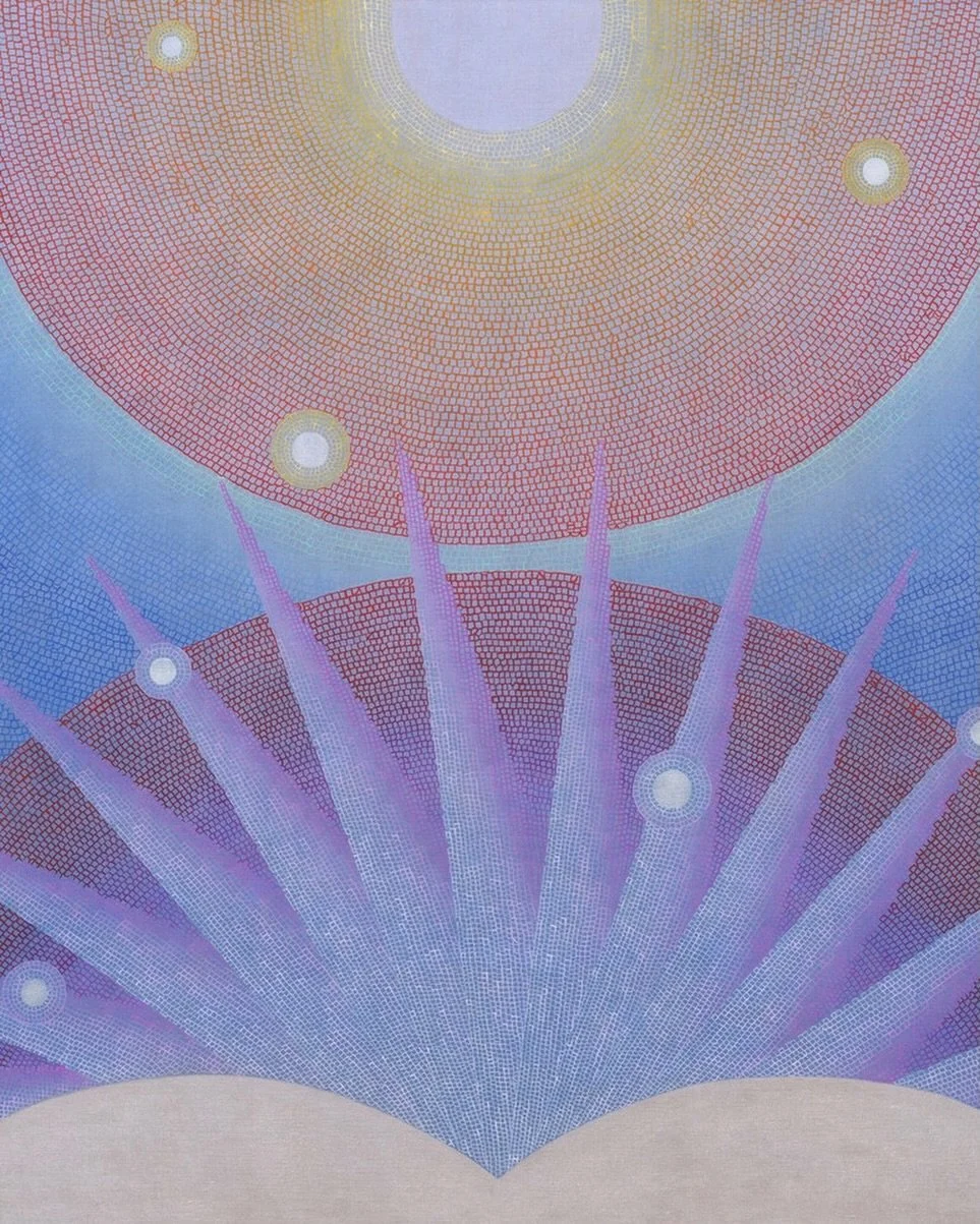 Honoring the winter solstice with the work of Jessica Cannon @jes_cannon. "Red Reach, Blue Stretch" 2024. 

This refracted sunrise in iridescent blues, purples and yellows, reminds me that after tonight the days will get longer and soon loo