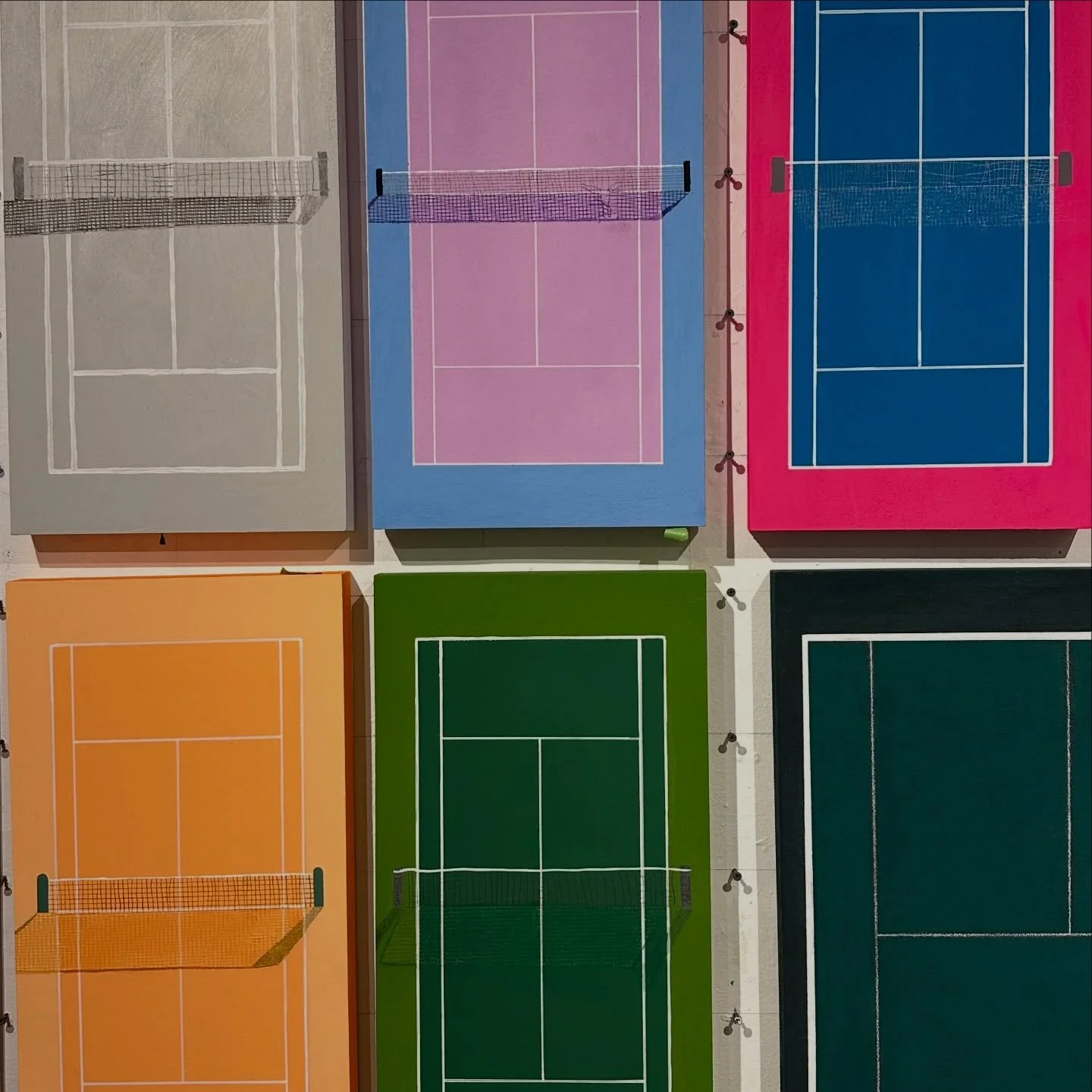 As The Offspring says, " hey-ay, come out and play!" These court paintings are by @brooke_stewart_art whose deep study of sports history, architecture, color, and graphical abstraction complicates the gap between what she's painting and wha