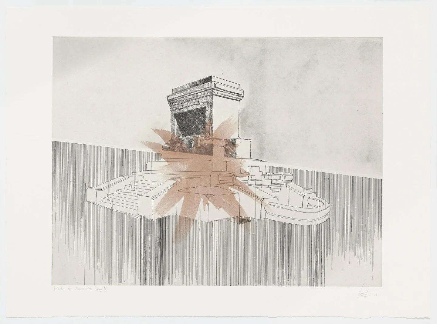 Daniela River, "Punto de Encuentro (day 9), 2025. And "Punto de Encuentro (day 18), 2025. Etching and debossing with lime and pigment powder, monotype, signed in pencil and dated, titled. Variable edition of 20 on Magnani Pescia Soft White 