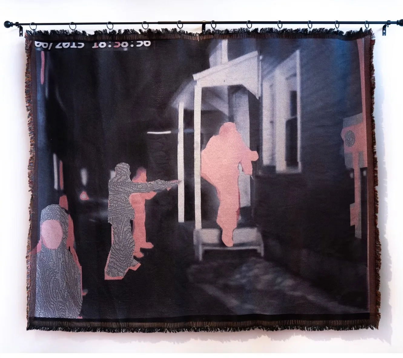 Alexis Rausch, "Comfort Object III: Martiros di Rosado Sans," 2018. Jacquard woven cotton/poly, 48 x 60 inches. From "The Sinners We Are," 2018. 

Rausch explores American's fascination with the pornography of violence. She uses o