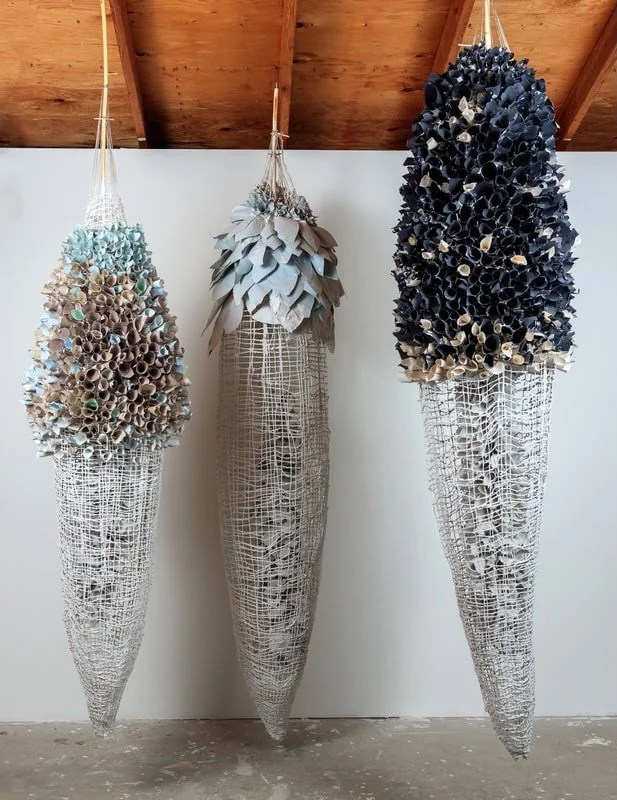 Rebecca Hutchinson makes uncanny sculptural forms out of what she calls upcycled humble materials. To achieve her ambitious heights of material construction she studies nature, craft and engineering. Ecology and ethology (the study of animal behavior