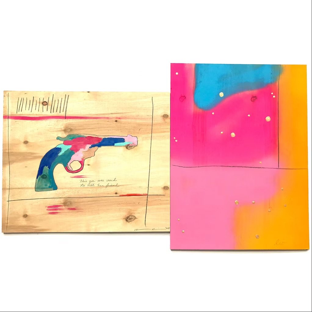 Kadie Salfi, "Her Friend &amp;," 2018. Makeup and spray paint on plywood. From her exhibition "Every 16 Hours: 2017-2017" at A.I.R. Gallery in DUMBO, 2019.

Using a pop palette Salfi focuses on the subject of American gun violence