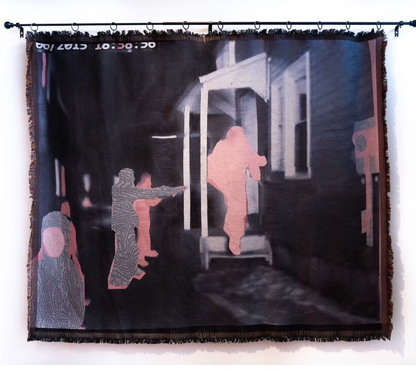 Alexis Rausch, "Comfort Object III: Martiros di Rosado Sans," 2018. Jacquard woven cotton/poly, 48 x 60 inches. From "The Sinners We Are," 2018. 

Rausch explores American's fascination with the pornography of violence. She uses o