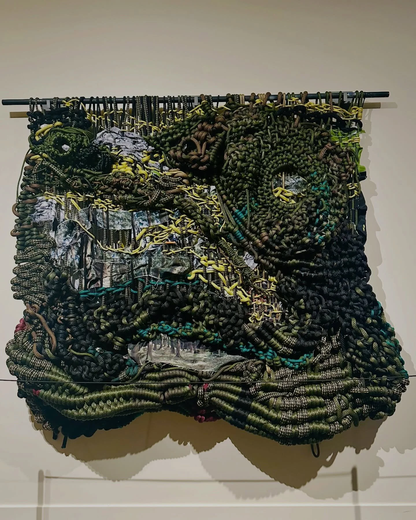 When life doesn't make sense, art responds with subtlety and substance. @jacquelinesurdell weaves together dense nylon cord, printed imagery of nature, and collective anxiety in her monumental sculpture "Penance of Leaves" 2025. 

The work 