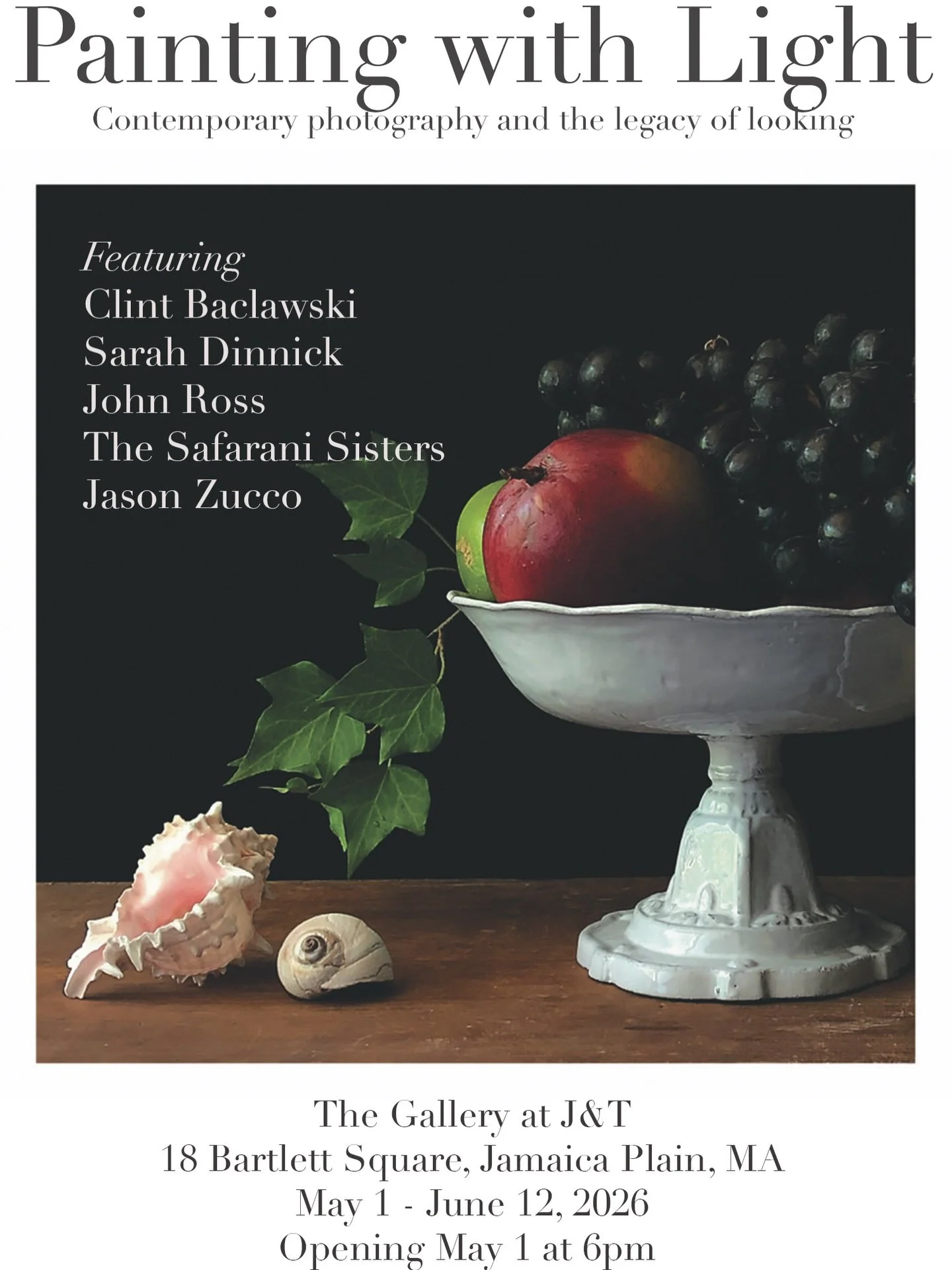 ✨SAVE THE DATE✨
👀Friday, May 1, 2026👀
Opening Party 🌟Painting with Light: 
Contemporary Photography and the Legacy of Looking🌟
🎯Curated by Robin Hauck🎯
Featuring the work of 5 artists making magic with light:
Clint Baclawski
Sarah Dinnick
John 